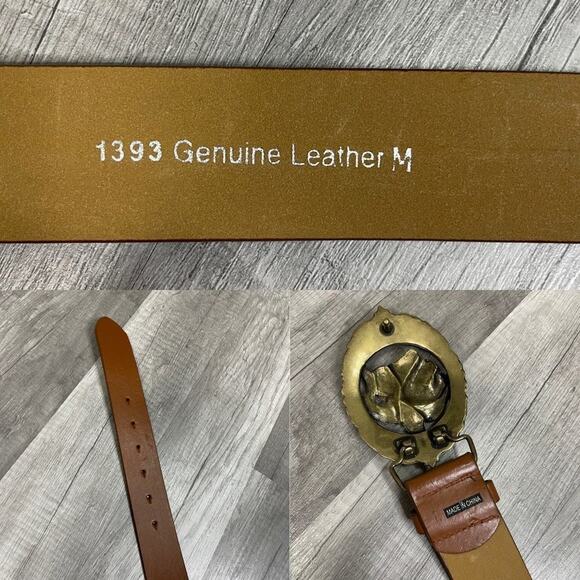 Brown Leather Belt Statement Rose Rhinestone Buckle Medium - Picture 5 of 8